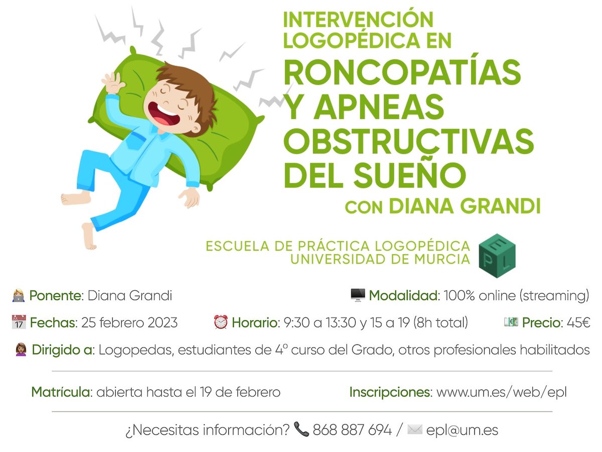 PracticaEscuela's tweet photo. 📢📢 La Escuela de Práctica Logopédica de la Universidad de Murcia presenta un curso sobre una temática muy novedosa: INTERVENCIÓN LOGOPÉDICA EN RONCOPATÍAS Y APNEAS DEL SUEÑO.¡Abierta ya la matrícula!

Información: https://t.co/n3cd9k1Yli
Inscripciones: https://t.co/kCeKINgBov https://t.co/af4fCDEWy7