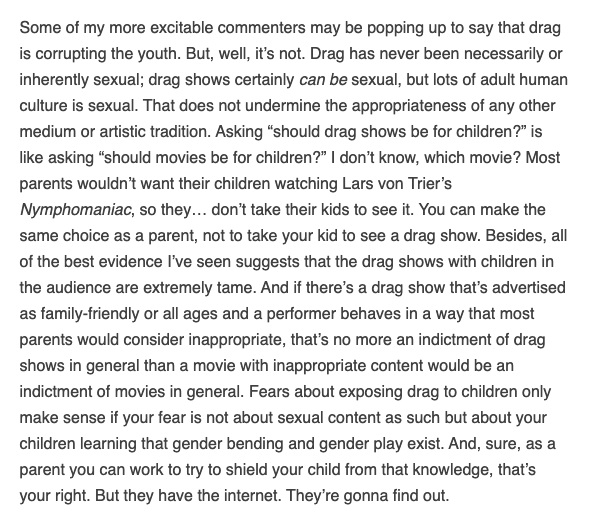 BenBurgis's tweet photo. Freddie de Boer talking sense re: drag shows to some of the "more excitable commenters" on his Substack: https://t.co/kCU5HRM8Oo
