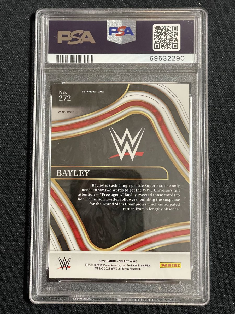 disneyworldtuna's tweet photo. Ding Dong! Bayley 2022 Panini Select WWE Ringside Silver Prizm Parallel Case Hit SP PSA 8 Near Mint-Mint! #WWE #Panini #Bayley @itsBayleyWWE #PaniniWWE #SelectWWE https://t.co/kY1H0O1c3j