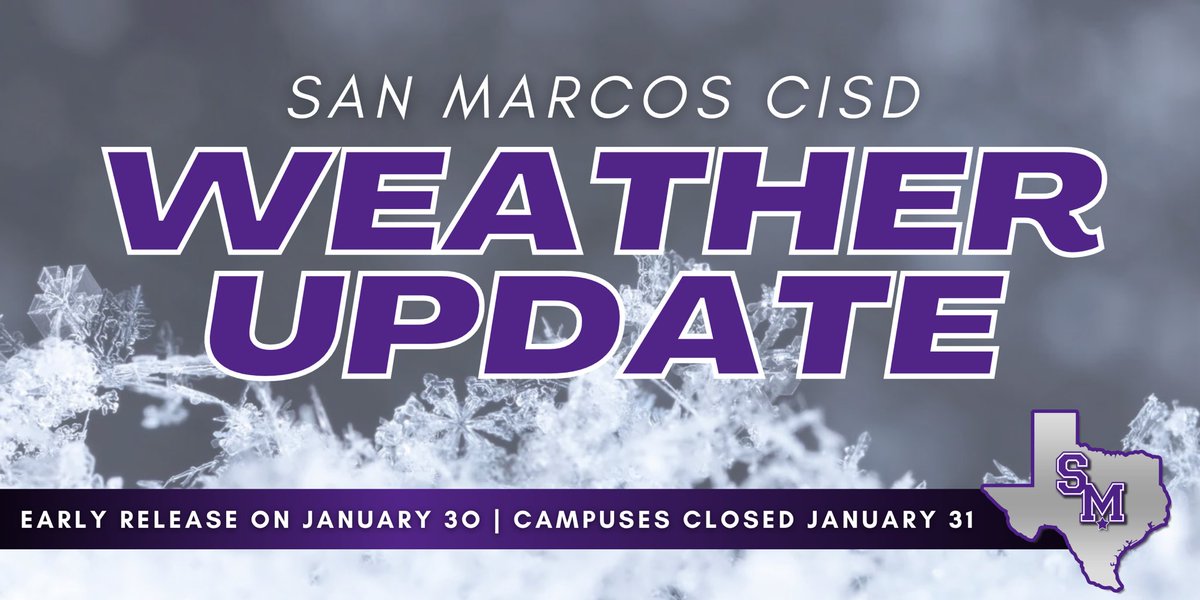 SMCISD Weather Update - Early Release for today, January 30 and District Closure for tomorrow, January 31.

Read more: smore.com/93zpt