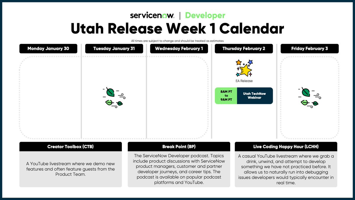 poshprogrammer's tweet image. 🚨 This Week on the #ServiceNowDeveloper Calendar...
🔘 Feb 2: EA & PDI Release of Utah
🔘 Feb 2 8AM PT: The Utah TechNow Webinar
💻 Register for TechNow Here: devlink.sn/tn95reg?utm_so…
📰 Click Here for the Full Calendar: devlink.sn/utah