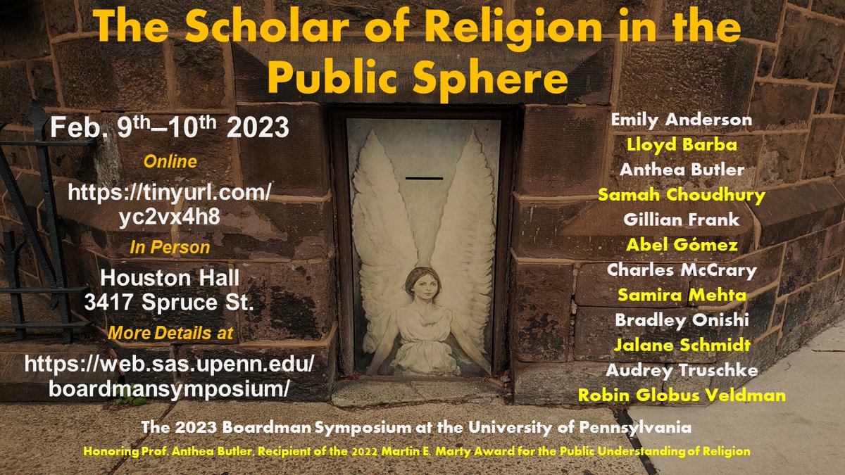 upennrels's tweet photo. ICYMI: We're bringing many cool folks to Philly next week (2/9–10) to discuss "The Scholar of Religion in the Public Sphere." We have seating available for those who want to participate in person, and online access for those tuning in from afar. Details: https://t.co/2LZJrdoIvg https://t.co/2WljWDXUCd