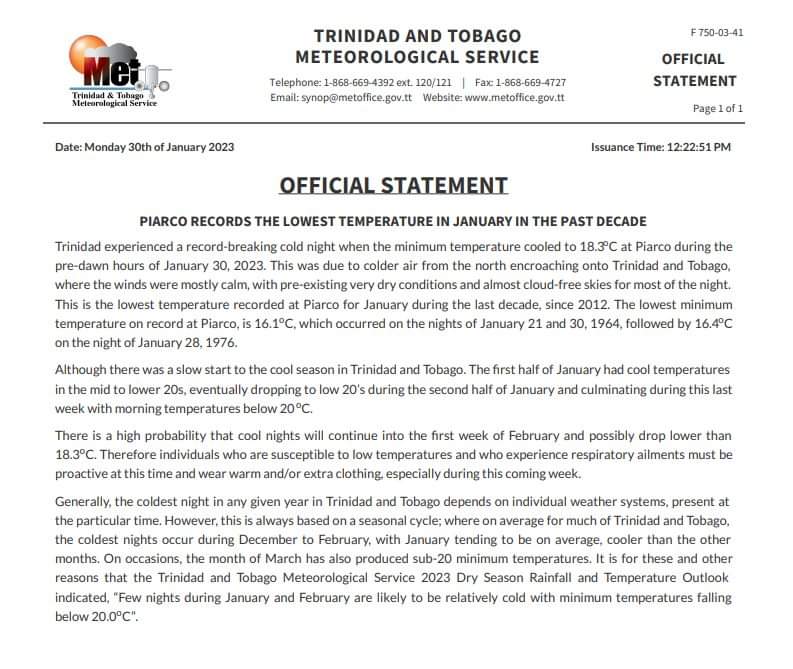 TTMetOffice's tweet photo. Official Statement: PIARCO RECORDS THE LOWEST TEMPERATURE IN JANUARY IN THE PAST DECADE 
https://t.co/I5SmWCKuVQ https://t.co/Qe3qLepXXY