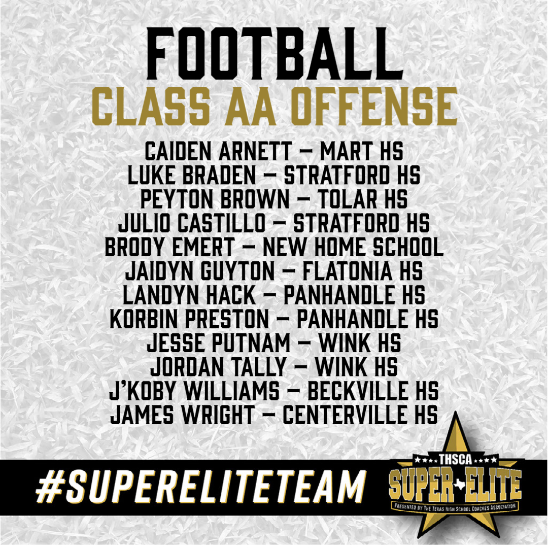 THSCAcoaches's tweet photo. We are proud to announce the first-ever THSCA Football Class AA #SuperEliteTeam! Congratulations to these hard-working athletes.👏

https://t.co/IpcYxV0oJN https://t.co/MHHvre4TYP