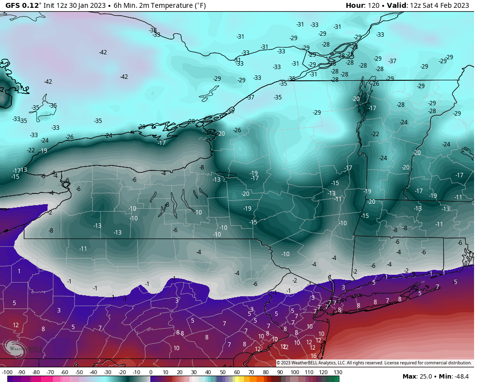 wxbywilliams's tweet photo. An arctic cold rush arrives on Friday. We've issued a "hug your honey" alert for Friday night. These are the projected low temps and wind chills come daybreak Saturday via the GFS. #NoseNumbing #FingerFreezing #ToeTingling #NYSWx https://t.co/76ZL4uNsqT