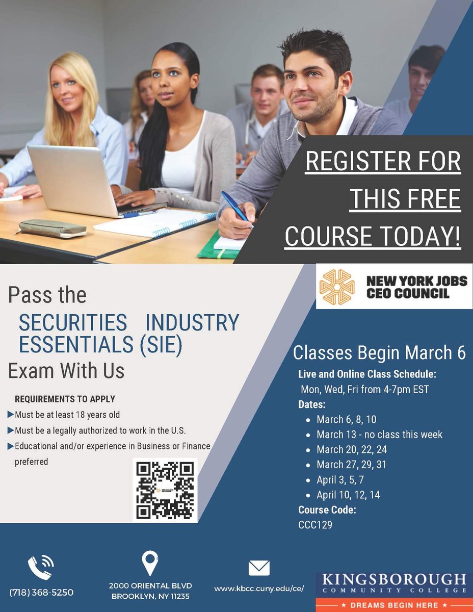 CEWDKCC's tweet photo. Sign up for our FREE Securities Industry Essentials test preparation course today and take the first step towards a rewarding career in the business and finance industry!
Classes begin 3/6 and will meet on Monday, Wednesday and Thursdays from 4 - 7pm EST.
https://t.co/LXmmFa3Ov6 https://t.co/QS4v7dpgNp