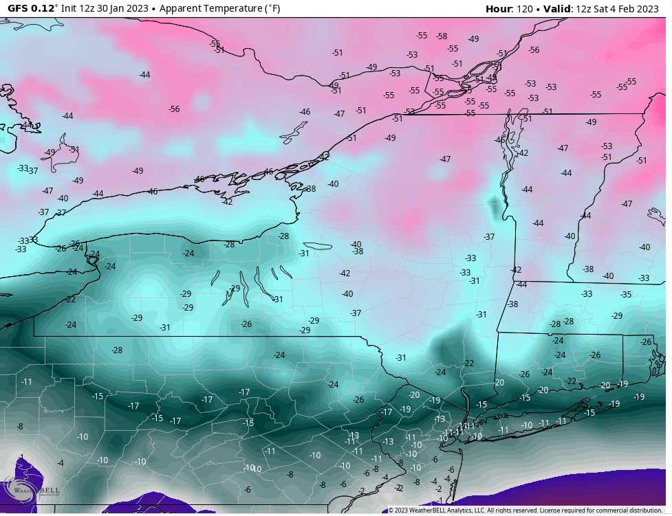 wxbywilliams's tweet photo. An arctic cold rush arrives on Friday. We've issued a "hug your honey" alert for Friday night. These are the projected low temps and wind chills come daybreak Saturday via the GFS. #NoseNumbing #FingerFreezing #ToeTingling #NYSWx https://t.co/76ZL4uNsqT