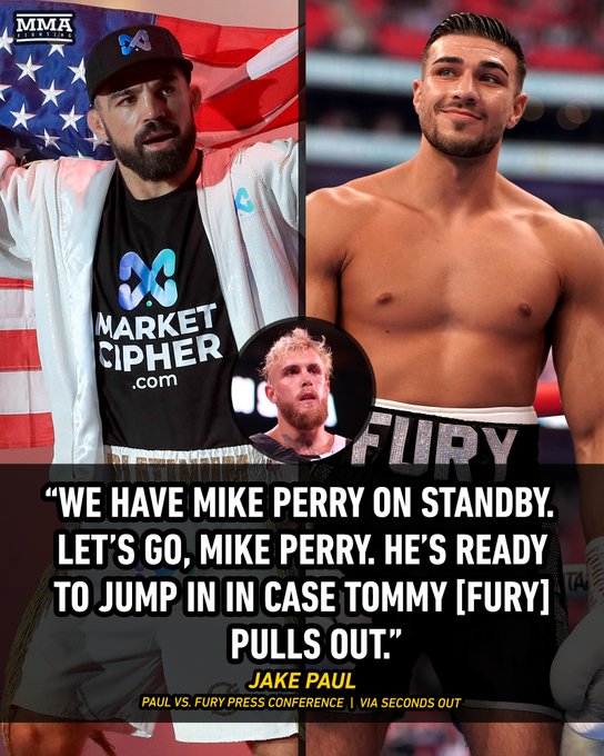 Jake Paul announces Mike Perry as backup opponent for Tommy Fury 

Full story: 