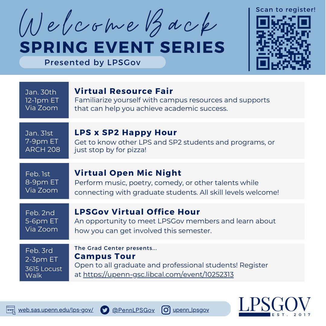 PennLPSGov's tweet photo. LPSGov's Welcome Back Spring Event Series is starting TODAY! We are excited to offer a variety of collaborative, in-person and virtual events to welcome new and returning students back to campus. Click the link in our bio to register and we hope to see you there! https://t.co/Z66QpZyaPo