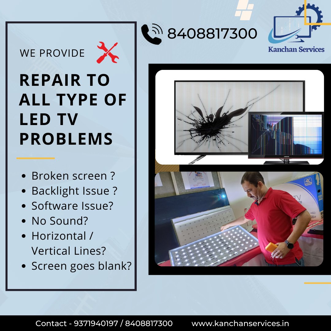 KanchanServices's tweet photo. We are often confused if our LED tv goes blank or No sound from LED or Vertical lines in the screen and sometimes the screen is broken. We have experts who can help you to solve your LED problem.
Contact us
📞9371940197
Website : https://t.co/JyOkm0IpZ9
#ledrepair #servicetv https://t.co/zY5cbmXp2W