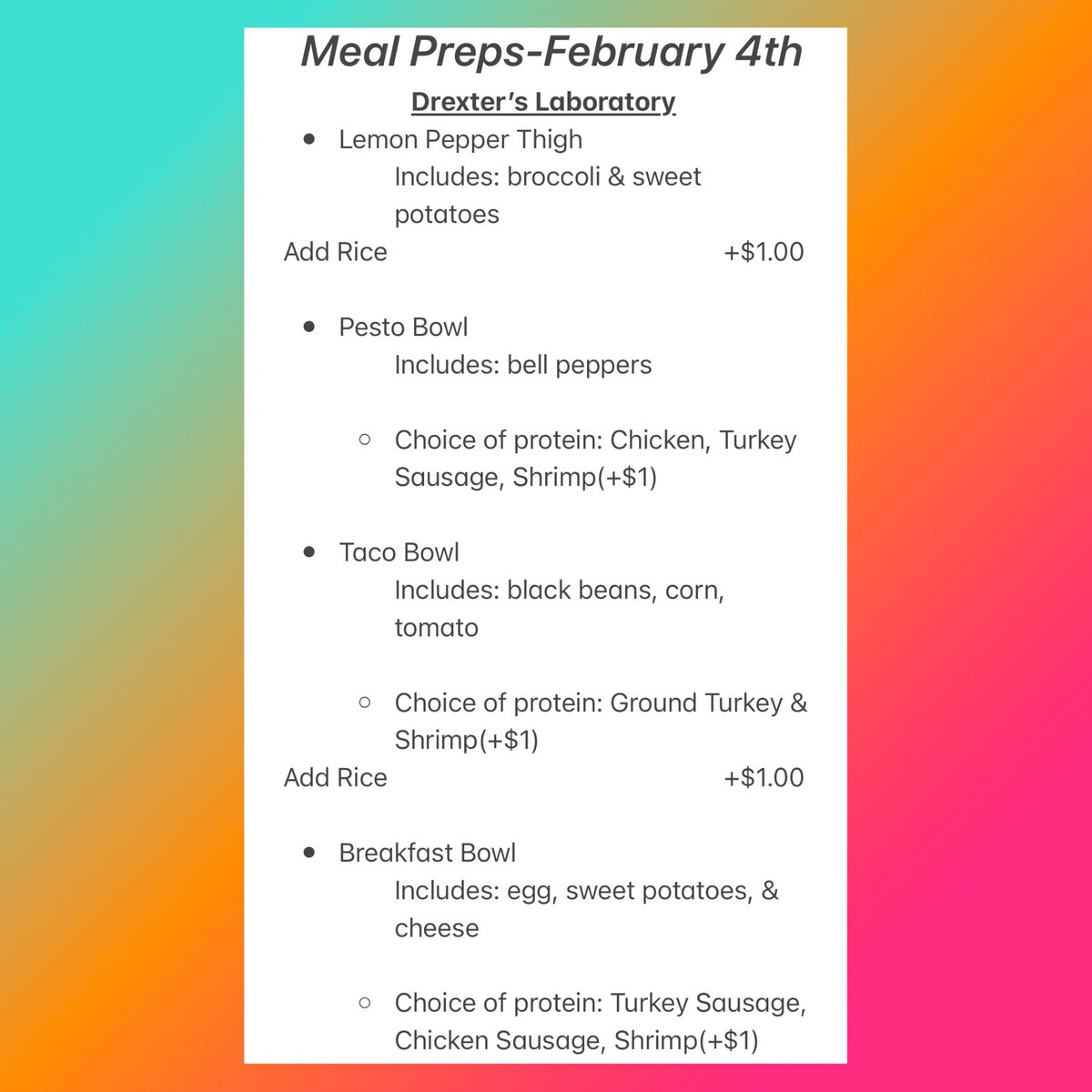 ChefBoyarDrex's tweet photo. 🍽MEAL PREPS🍽

Will be serving on Saturday, 2/4th. Taking preorders until Friday, 2/3rd 9:30pm

Denton pickup/delivery(+$4) only https://t.co/8FtmUrnfch