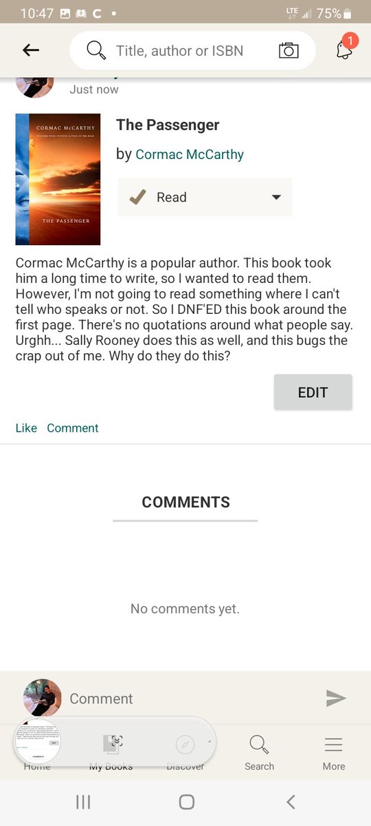 It's okay to DNF (didn't finish) a book. If the book has no quotations around what people say, its going to be hard to read their 300 pg. book. This is my Goodreads review over The Passenger by Cormac McCarthy.
#goread #readingtip