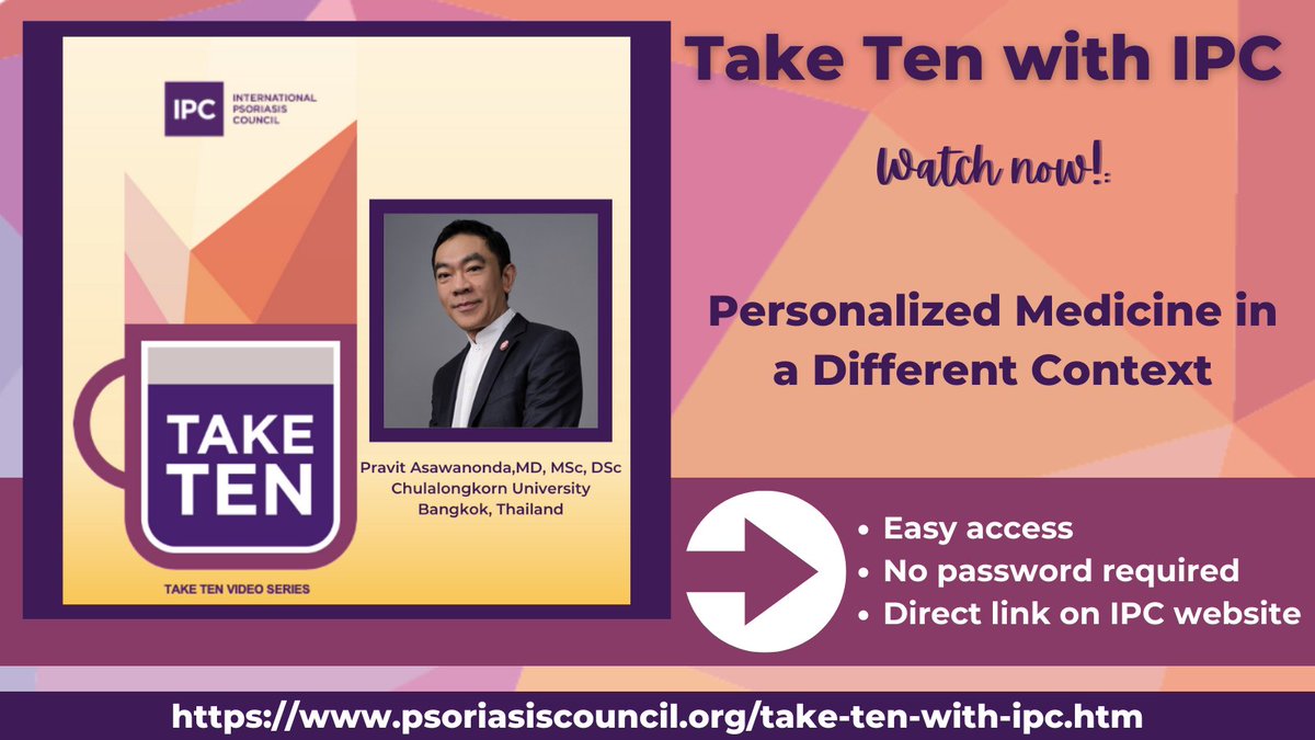 IpcPs's tweet photo. Join #IPCCouncilor Pravit Asawanonda as he discusses personalized medicine in #psoriasis care and the importance of focusing on the now, using patients' own successes.
Watch the full video here: https://t.co/AAhBDyQI0p
#TakeTenWithIPC #PsoriasisExpert #PersonalizedMedicine https://t.co/7H6oInCBVf