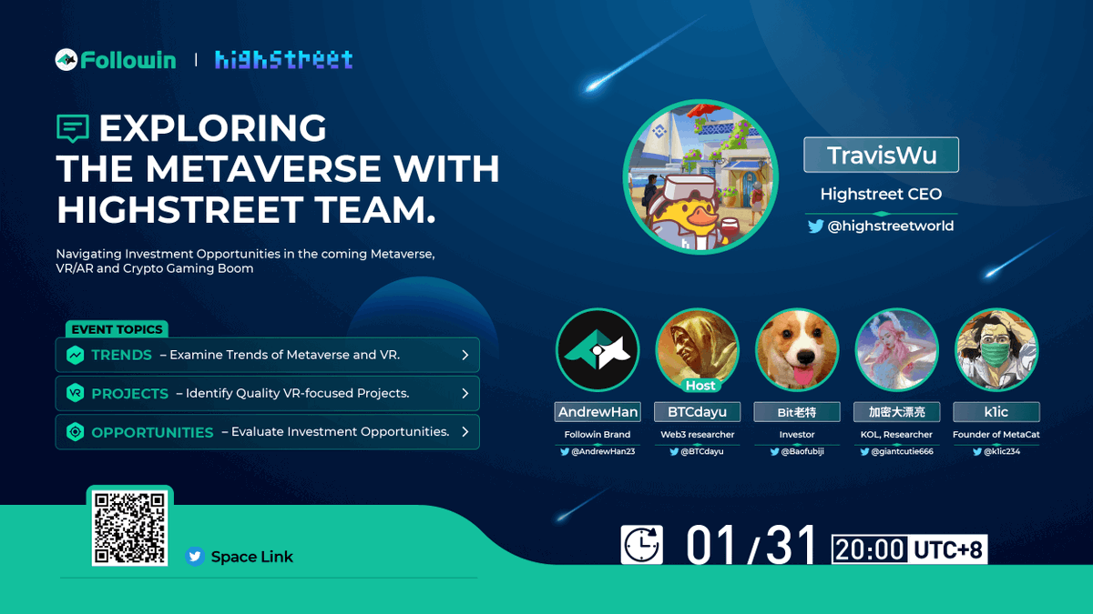 🎙️ Don't Miss Out the <a href="/Highstreetworld/">Highstreet</a> Space Event: Examine trends in Metaverse, learn how $High recent market success is leading the way in this field

🗓️ Jan 31st at 8:00 PM (UTC+8:00)

Guests
<a href="/highstreetworld/">Highstreet</a> <a href="/Baofubiji/">广汉-舞蹈生小琳</a> <a href="/AndrewHan23/">⧫ 𝘈𝘕𝘋𝘙Ξ𝘞 ⧫</a> <a href="/BTCdayu/">大宇</a> <a href="/giantcutie666/">加密大漂亮| C Labs | 招人</a> <a href="/k1ic234/">k1ic</a> <a href="/Metacat007/">MetaCat</a>