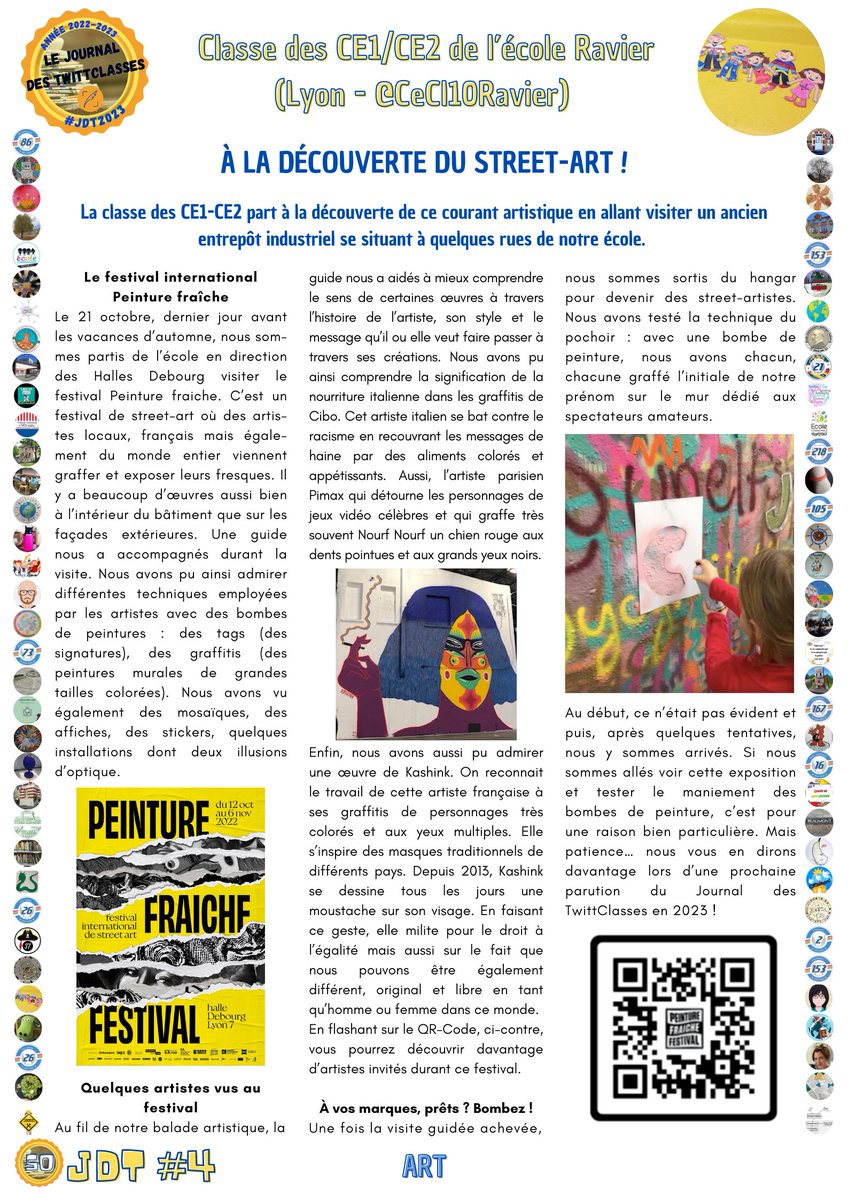 #UnArticleDuJdT
Pour cette 36e découverte, nous vous proposons l'article des élèves de CE1/CE2 de @Cecl10Ravier (#Lyon) dans le Journal des TwittClasses. #JdT2023🗞️
Il parle de leur découverte du #StreetArt. Il se trouve en page 50 du JdT.
Bonne lecture !