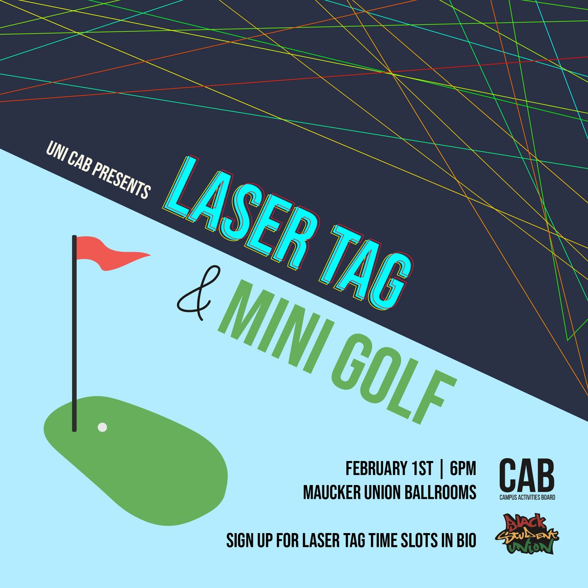We are collaborating with <a href="/UNIBSU/">UNI BSU</a> to help kick off Black History Month on February 1st! There will be laser tag, mini golf, food, drinks, a DJ, and more. Check the link in our bio to sign up for a time slot for laser tag. 

Can't wait to see you there!