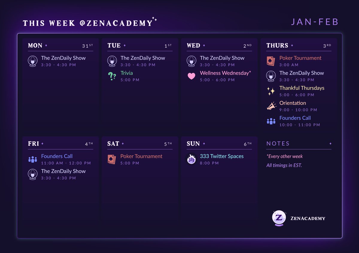 ZenAcademy's tweet photo. Gm🔮🗓️

Here's what's happening this week at ZenAcademy https://t.co/cROSXm086R