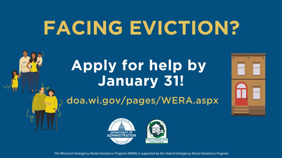 WisconsinDOA's tweet image. Time is running out to apply for help from the Wisconsin Emergency Rental Assistance Program. Go to doa.wi.gov/Pages/WERA.aspx today and see how you can obtain help with overdue rent and utility bills. Remember, the deadline to apply is January 31! #helpwithrent