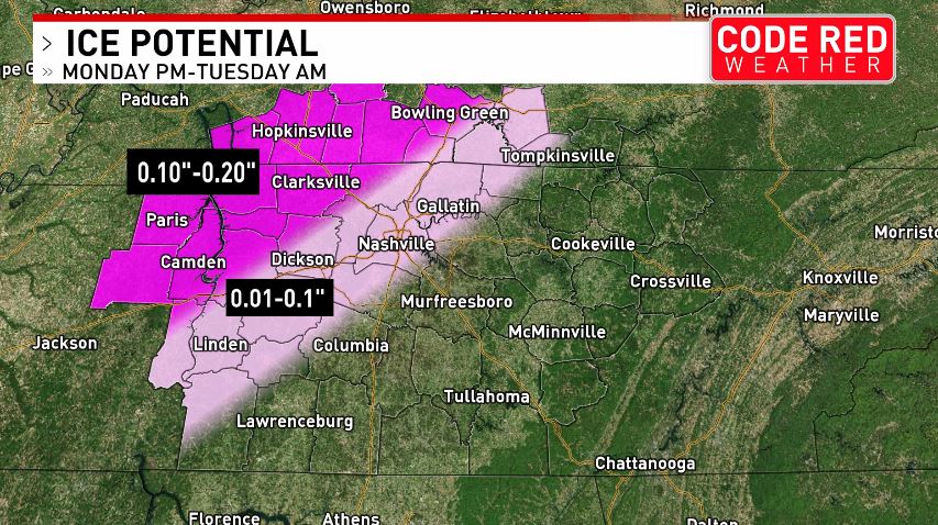 FOXNashville's tweet photo. CODE RED: This is the updated map of what to expect the next two days. A Winter Storm Warning is in effect for certain parts of Middle Tennessee which could bring a glaze of ice. DETAILS: https://t.co/I7ILDPLiGP https://t.co/iN3m2Zi6q2