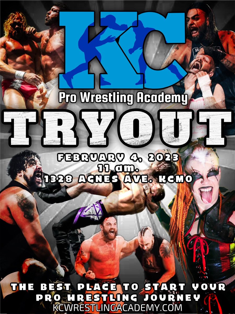 KCWrestleSchool's tweet photo. 🚨TRYOUTS THIS SATURDAY🚨 
Saturday February 4th! We still have openings for anyone who wants to chase a dream! Let us help you with your journey! 
https://t.co/Iz3lBjmJP4 

#ProWrestling #LearnProWrestling #KCPWA #KansasCity #KCMO #KCProWrestlingAcademy https://t.co/CqIONRyJlM