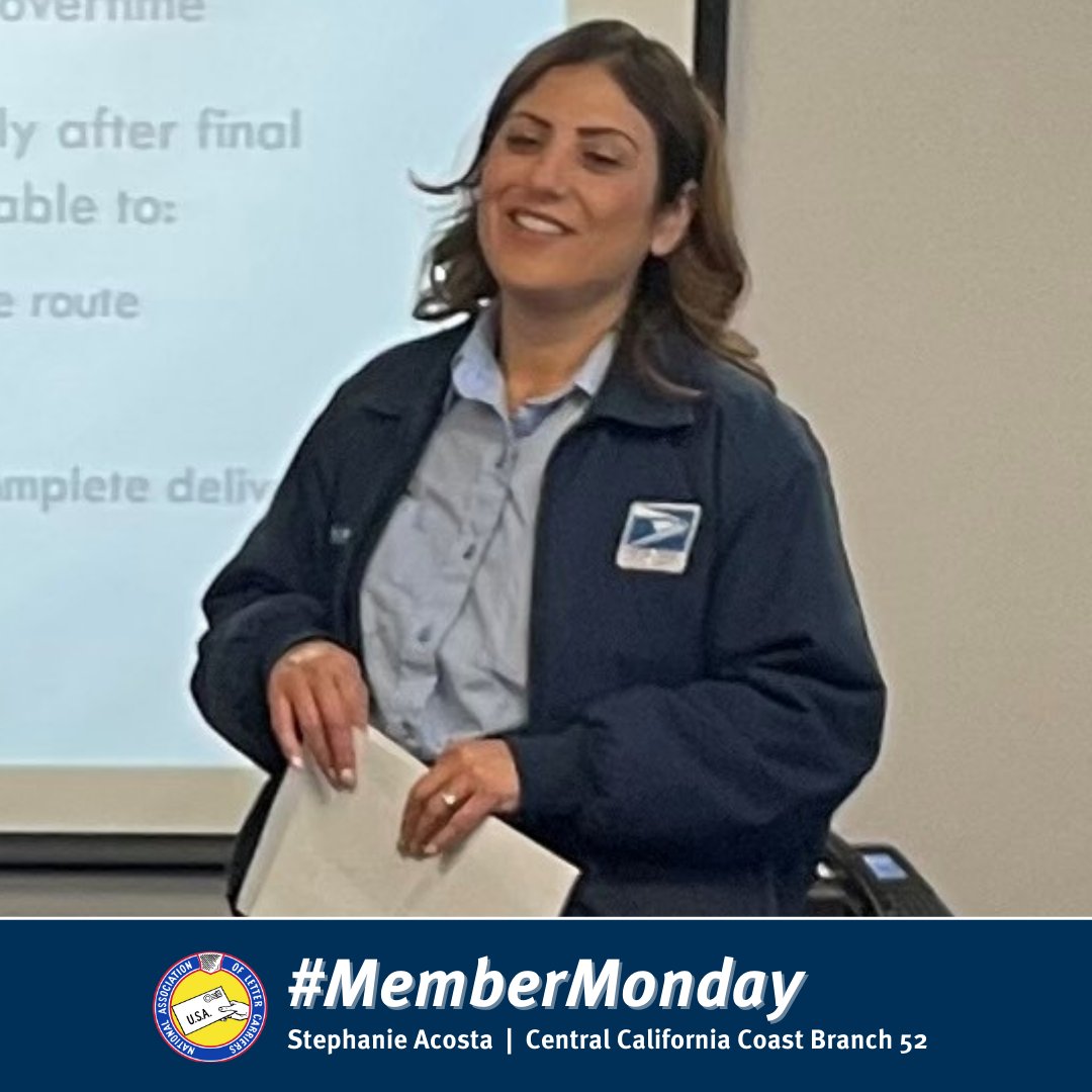 NALC_National's tweet image. This #MemberMonday, meet Stephanie Acosta of Central California Coast Branch 52! Stephanie does a wonderful job at presenting at orientation, and her fellow branch members appreciate all she does for Branch 52! Way to go, Stephanie! 👏👏 #PostalProud #UnionStrong