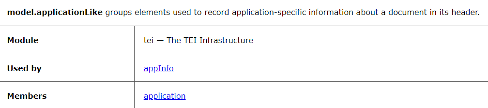 TEIconsortium's tweet photo. #TEI #ModelClassoftheWeek model.applicationLike groups elements used to record application-specific information about a document in its header - https://t.co/K2z3YQ6R56.
#TEICommunity #digitalhumanities #encoding https://t.co/fL1mK0T4pc