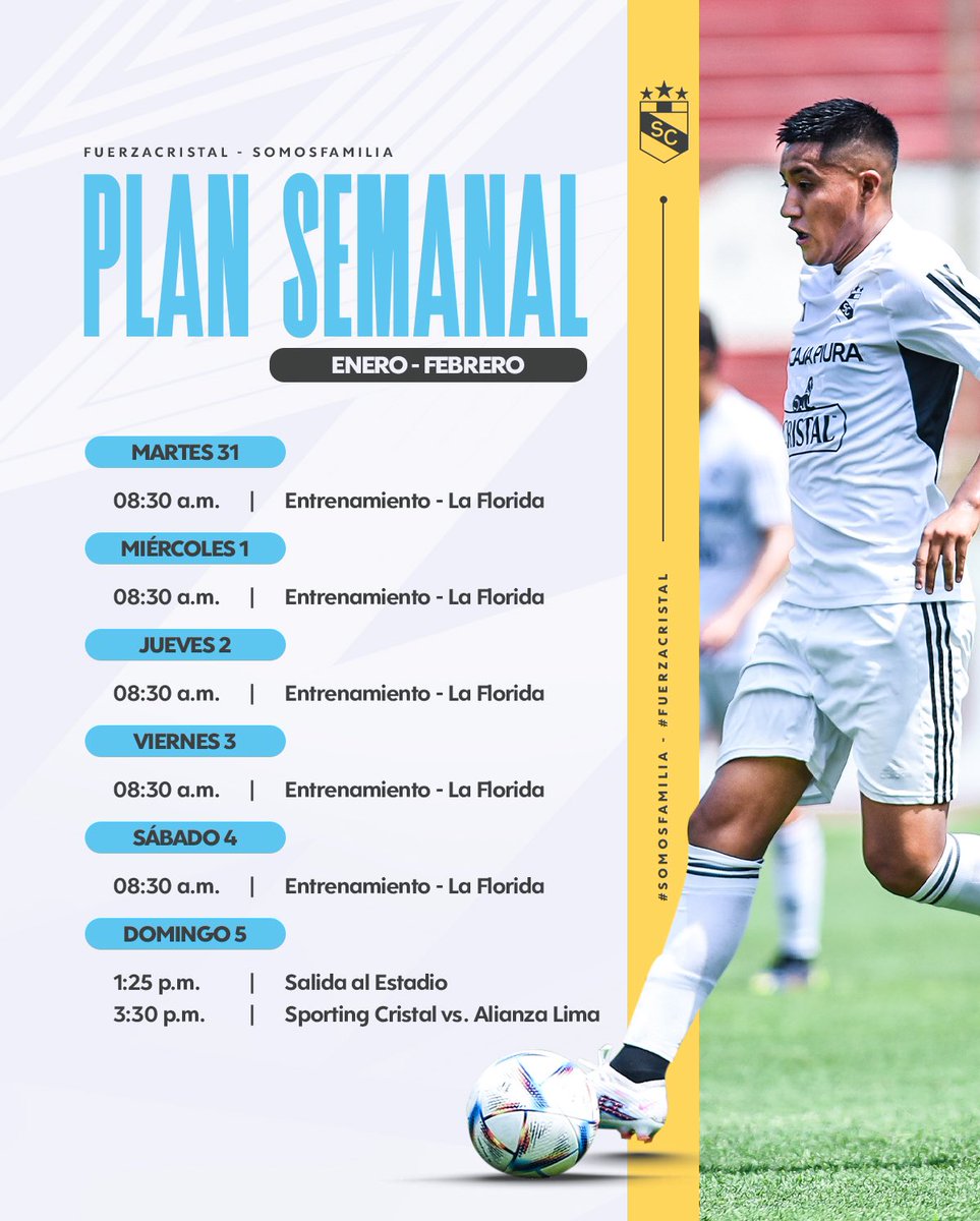 ClubSCristal's tweet photo. 🗓️⬇️ Conoce nuestro plan semanal. 

#FuerzaCristal
#SomosFamilia https://t.co/dK2sSN2Eg6