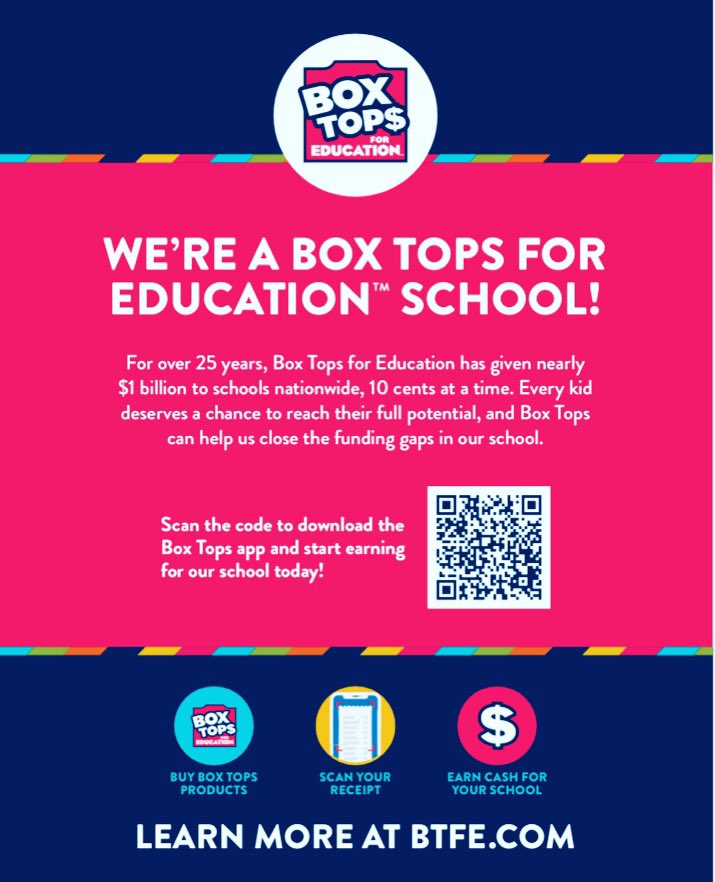 contewesthills's tweet image. We’re a Box Tops For Education School!! Scan the code to download the Box Tops App and start earning for our school today! 🏫 ✏️ 📚 📓 #boxtops #boxtopsforeducation #supportourschools #community #partnership #conte #contepride