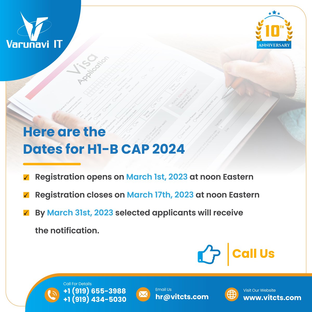 The dates are announced! Varunavi IT is ready to help you through the H1 B process. Our team makes you understand the entire structure and guide you in every step. 

Call Us

#H1B #H1BVisa #H1Bsponsorship 
#vitcts
#varunaviitconsultants