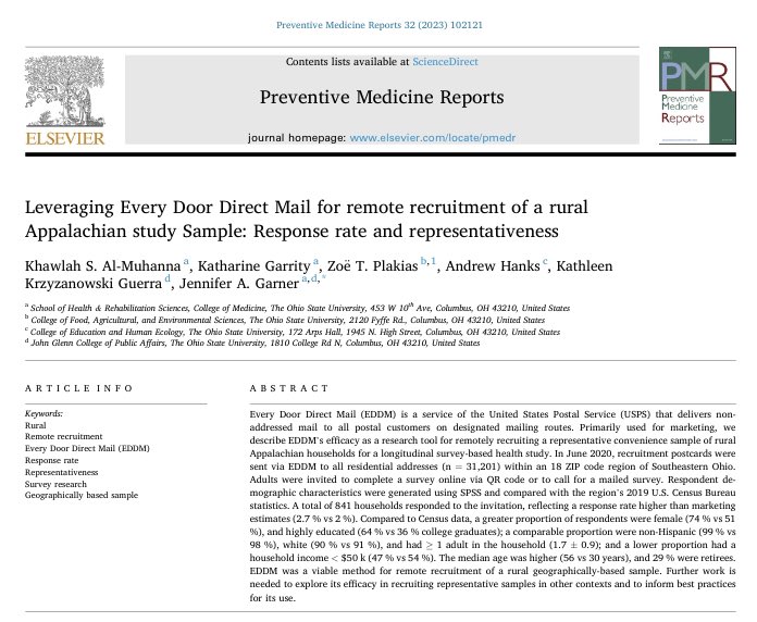 #Rural communities experience significant #HealthDisparities but remain less likely than their urban counterparts to be included in #PreventiveMedicine research. Mail-based 📬 recruitment may help. 

Proud of @osuhrs PhD Candidate Khawlah Al-Muhanna for leading this paper!

1/2