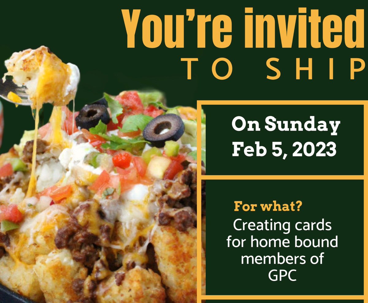 GpcHigh's tweet photo. Next Sunday we’ll eat Tater Tot Nachos &amp; write Notecards to church members &amp; missionaries - see you at church 5-6PM! https://t.co/qWVawvv3Ka