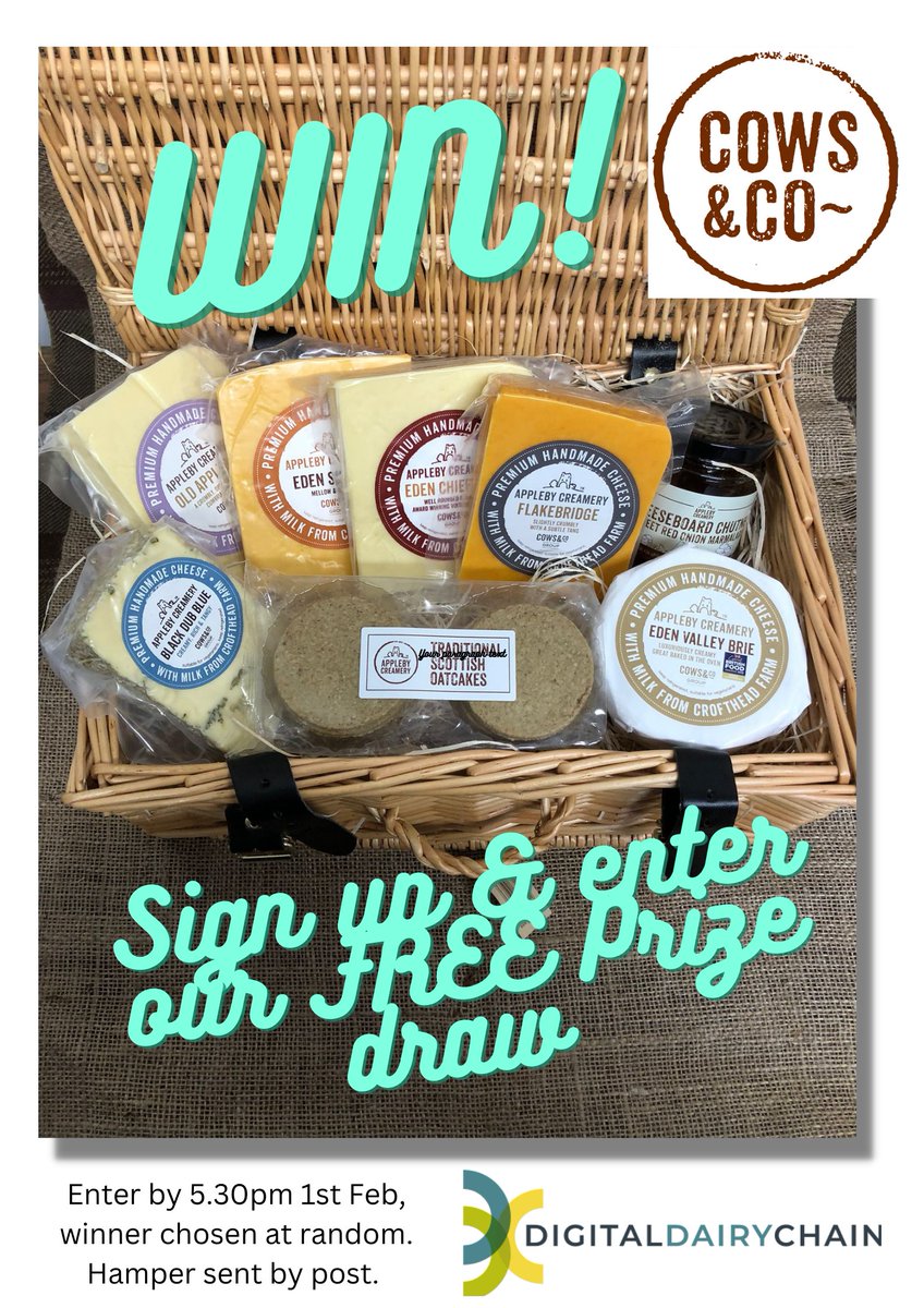 Digital_DairyC's tweet photo. Fancy getting your hands on a hamper of treats from the award-winning Cows &amp; Co? Visit us at @Dairy_TechUK Stand P41, sign up for our newsletter and enter our FREE PRIZE DRAW to win. Couldn't be simpler! #DigitalDairy #innovation #businesssupport #dairycollaboration #IdeaFunding https://t.co/t6H6d9tT4s