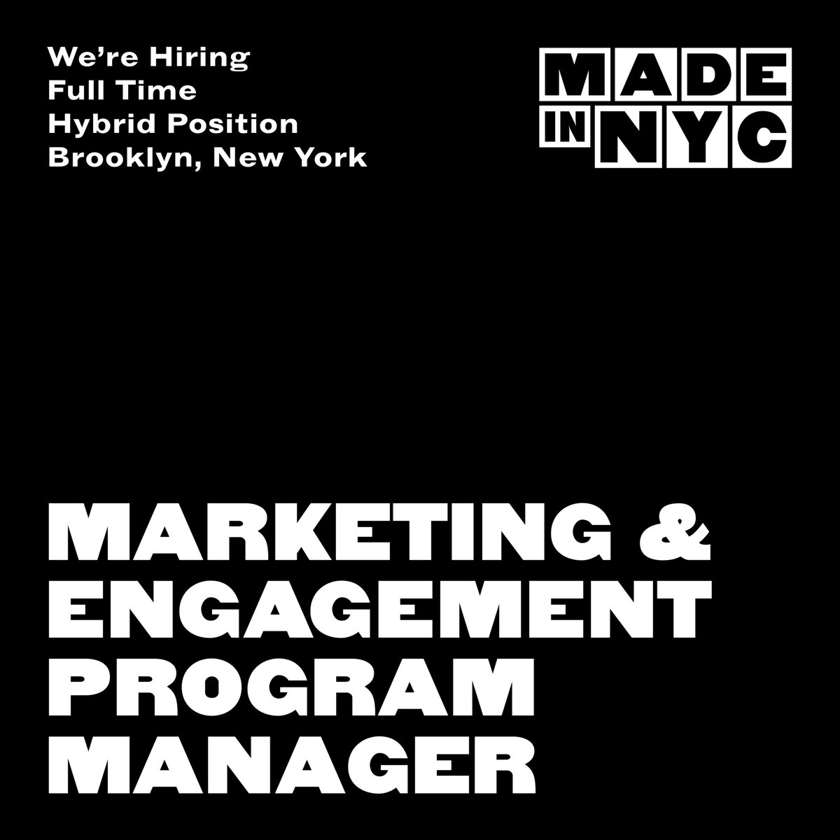 We’re hiring! Made in NYC is hiring a Program Manager to lead our marketing campaigns and membership engagement. 

If you know someone who might be a good fit, you can find and share the job description on our website: madeinnyc.org/news-events/ma…

#hiring #marketingjobs #storytelling