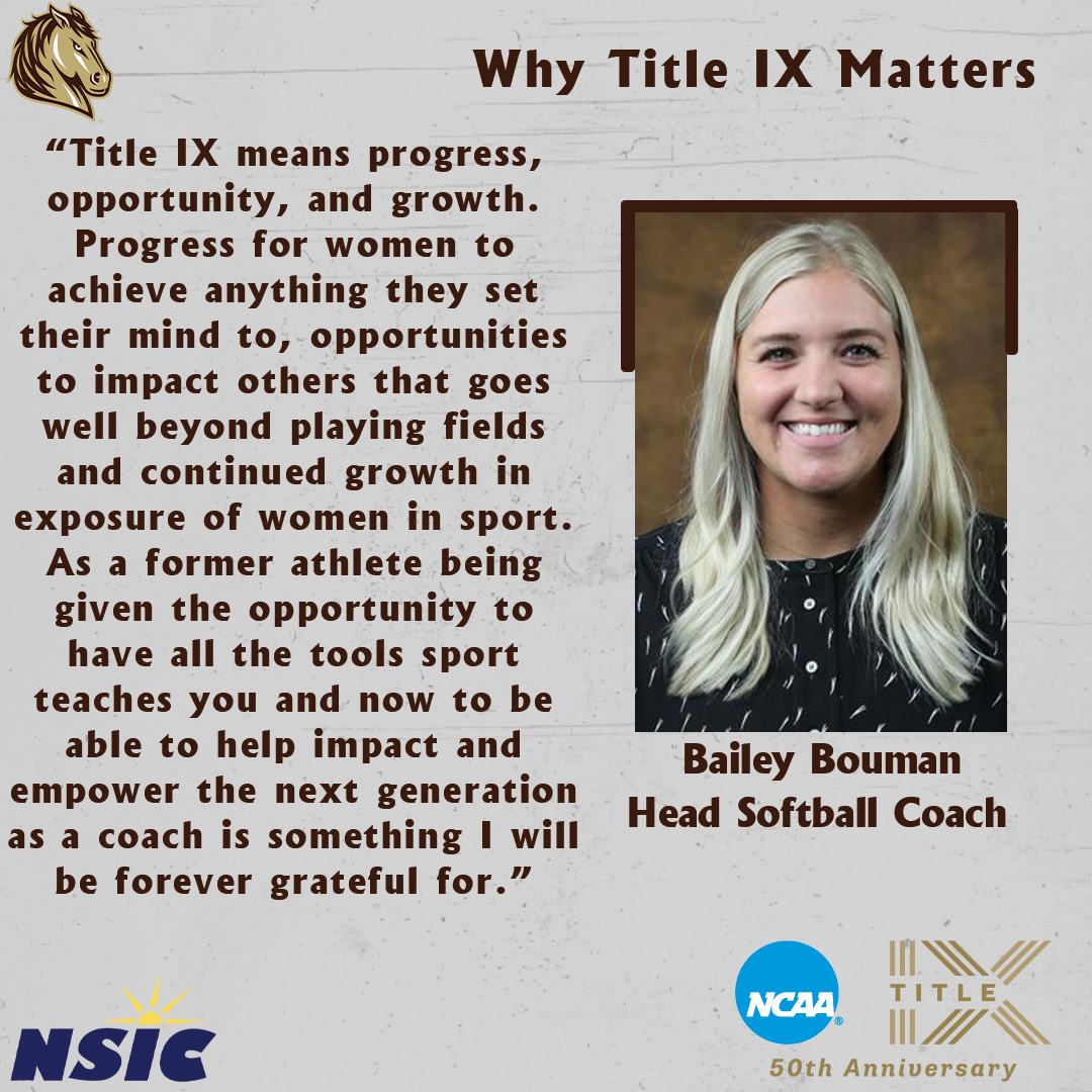SMSUMustangs's tweet photo. On day 1⃣ in the NSIC's 3-day celebration of the 50th Anniversary #TitleIX leading up to #NGWSD, we asked some of our female staff members why #TitleIX matters and what it means to them:

Jen Flowers 
Allison Monson  
Bailey Bouman 
Amy Schmiesing https://t.co/RbCCAuOKSO