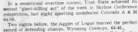TheAggship's tweet photo. On this day in Utah State sports, 1954: Utah State beats Colorado State in overtime, 64-58, its second win over a previously unbeaten team in a week of action. Bob Harbertson led the Aggies with 18 points https://t.co/aHWAyj2b0Z