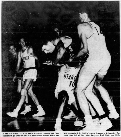 TheAggship's tweet photo. On this day in Utah State sports, 1954: Utah State beats Colorado State in overtime, 64-58, its second win over a previously unbeaten team in a week of action. Bob Harbertson led the Aggies with 18 points https://t.co/aHWAyj2b0Z