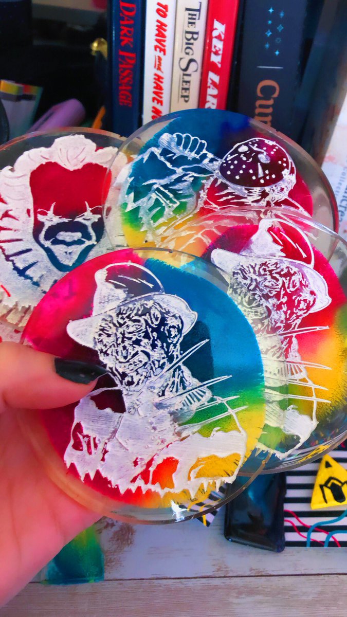 ctrlaltcassie's tweet image. Just found these horror coasters while packing!! For a little extra incentive I’ll include one coaster with every outgoing book order this week until I run out! Get a book from my shop &amp;amp; you’ll get one of these spooky cuties, too!! 

Currently have 2 Pennywise, 2 Freddy, 1 Jason