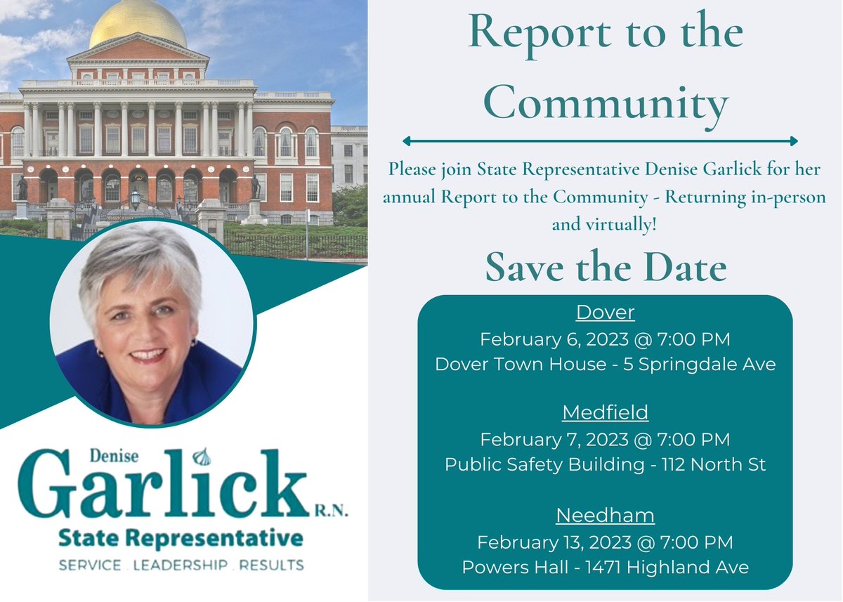 We're a week away from my annual Report to the Community! Join us in person or virtually! Dover - 2/6 Medfield - 2/7 Needham - 2/13 Register for the Zoom livestream here: repgarlick.com/report23/