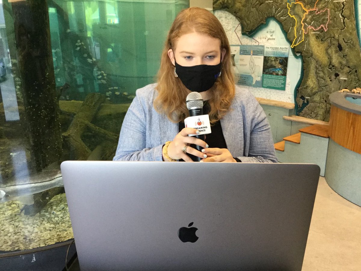 Streaming_Sci's tweet photo. Today’s #StreamingScience team member spotlight is focused on the one and only Caroline Barnett (@CheloniaCare)! 

Caroline is a triple gator. She has a BS in marine science (@SFFGS_UF) and three minors in agricultural communication, international studies in agricultural… (1/4) https://t.co/BfeqfmQpbI