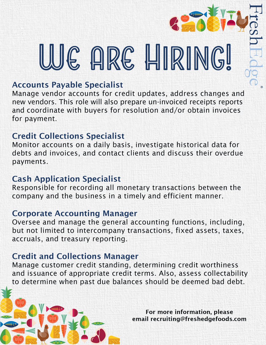 Our #FreshEdge team is hiring! 🥩🧀🥑🍍🐟 Please reach out to recruiting@freshedgefoods.com if you are interested in any of these positions. Come join our family! 🤝 #wearehiring #produceindustry #freshproduce #producefam #jobsearch