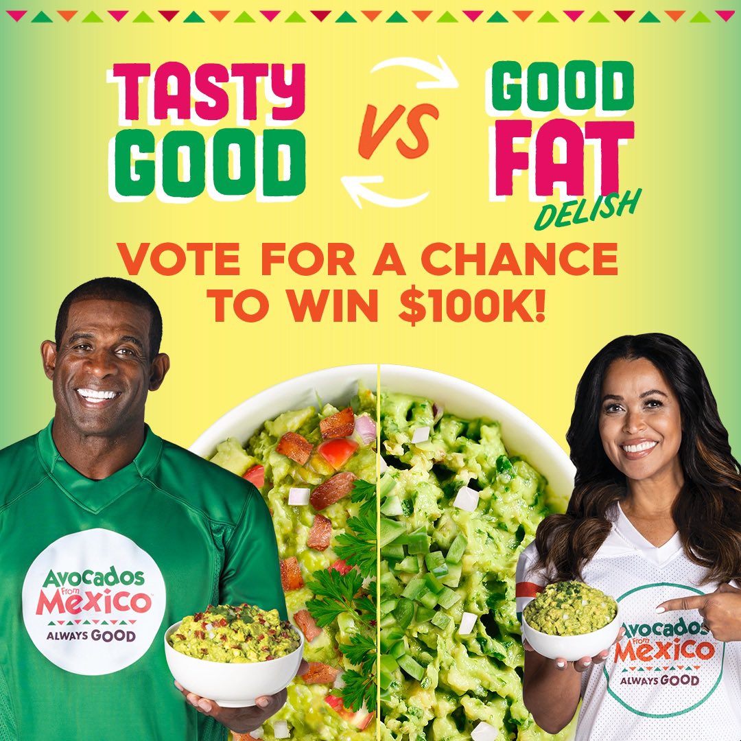 Traceyeedmonds's tweet image. Pick between @DeionSanders Tasty Good and my special Good Fat Delish recipe! Plus, you can RT this for a chance to win $100k with @AvosFromMexico! #MakeItBetter #SBLVII #Sweepstakes