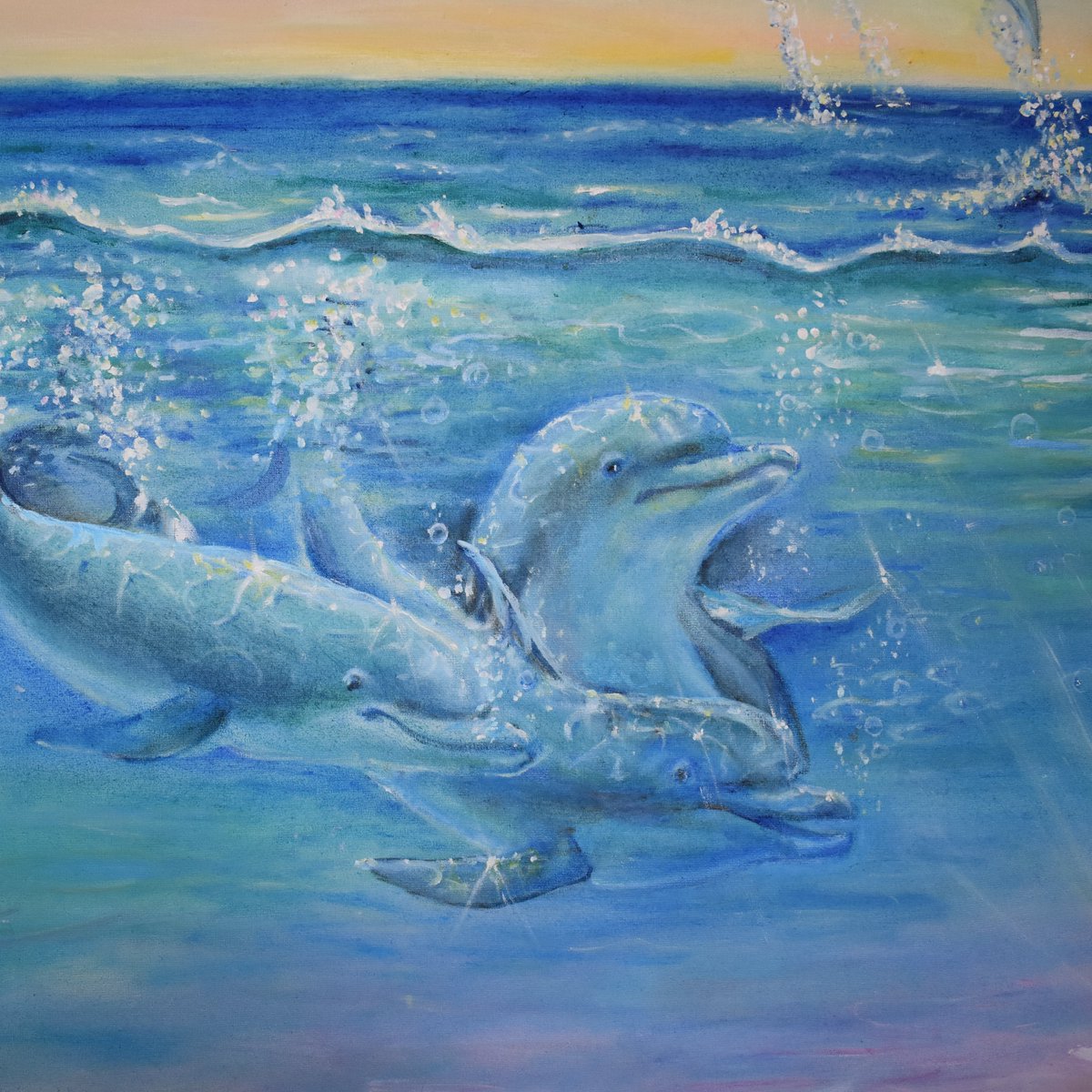 Meet the new drop, Dolphin Family, oil on canvas. This nft is part of a big picture, the meaning of which is fully conveyed if you collect the entire collection of 2 parts. This is a talisman painting. 3 tez, 7/7 edition. Link in the comments! #Bogdalenabah,  #tezoscollectors