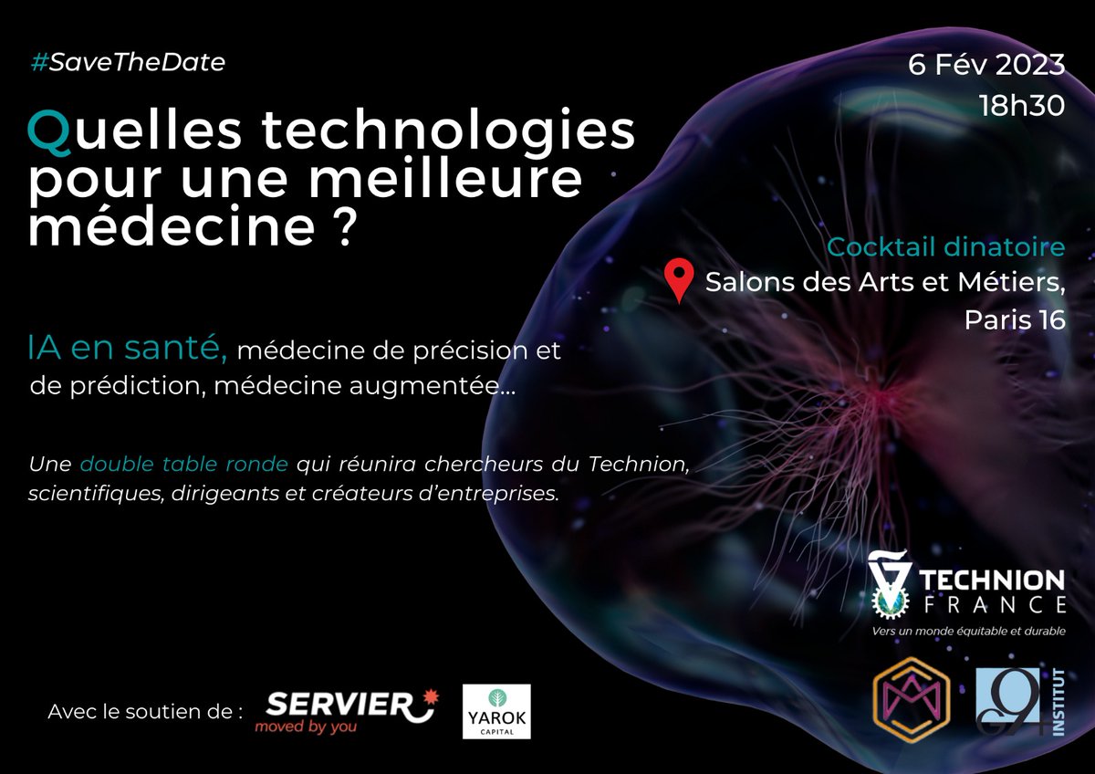 📢 J-7 Tables rondes : Quelles technologies pour une médecine de précision ou une médecine augmentée? 
📅 Paris 6/02 à 18H30. Inscrivez-vous vite ici: swll.to/8IDaq 
❗ Attention places limitées ❗
@technion_france @am_alumni @g9plus #IA #santé #Tech4Good