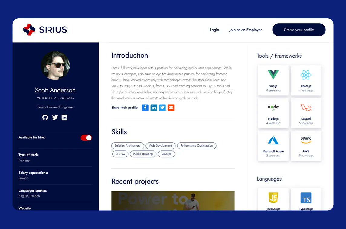 MadeWithVueJS's tweet photo. Create an online profile showing off your dev skills to employers with @sirius_devs – a platform #madewithvuejs &amp; #madewithlaravel 👩‍💻 - https://t.co/DRLGrxfYwn https://t.co/D2dMfW6MHf