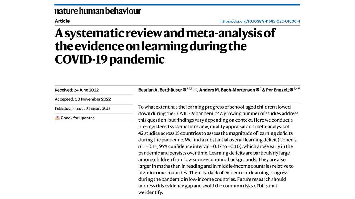 Bastian Betthaeuser (@betthaeuser) on Twitter photo 📣 Just published in <a href="/NatureHumBehav/">Nature Human Behaviour</a>:
Our systematic review and meta-analysis of the evidence on #COVID19 on learning (joint work with <a href="/AMBachMortensen/">Anders Bach-Mortensen</a> and <a href="/pengzell/">Per Engzell</a>)
Open access link: nature.com/articles/s4156…
Thread on the key findings below 👇 📣 Just published in <a href="/NatureHumBehav/">Nature Human Behaviour</a>:
Our systematic review and meta-analysis of the evidence on #COVID19 on learning (joint work with <a href="/AMBachMortensen/">Anders Bach-Mortensen</a> and <a href="/pengzell/">Per Engzell</a>)
Open access link: nature.com/articles/s4156…
Thread on the key findings below 👇