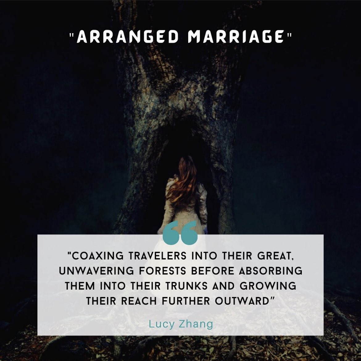 GingerbreadMag's tweet image. “coaxing travelers into their great, unwavering forests before absorbing them into their trunks and growing their reach further outward”
Lucy Zhang’s “Arranged Marriage” is featured in our final issue. Art by Brooke Shaden.