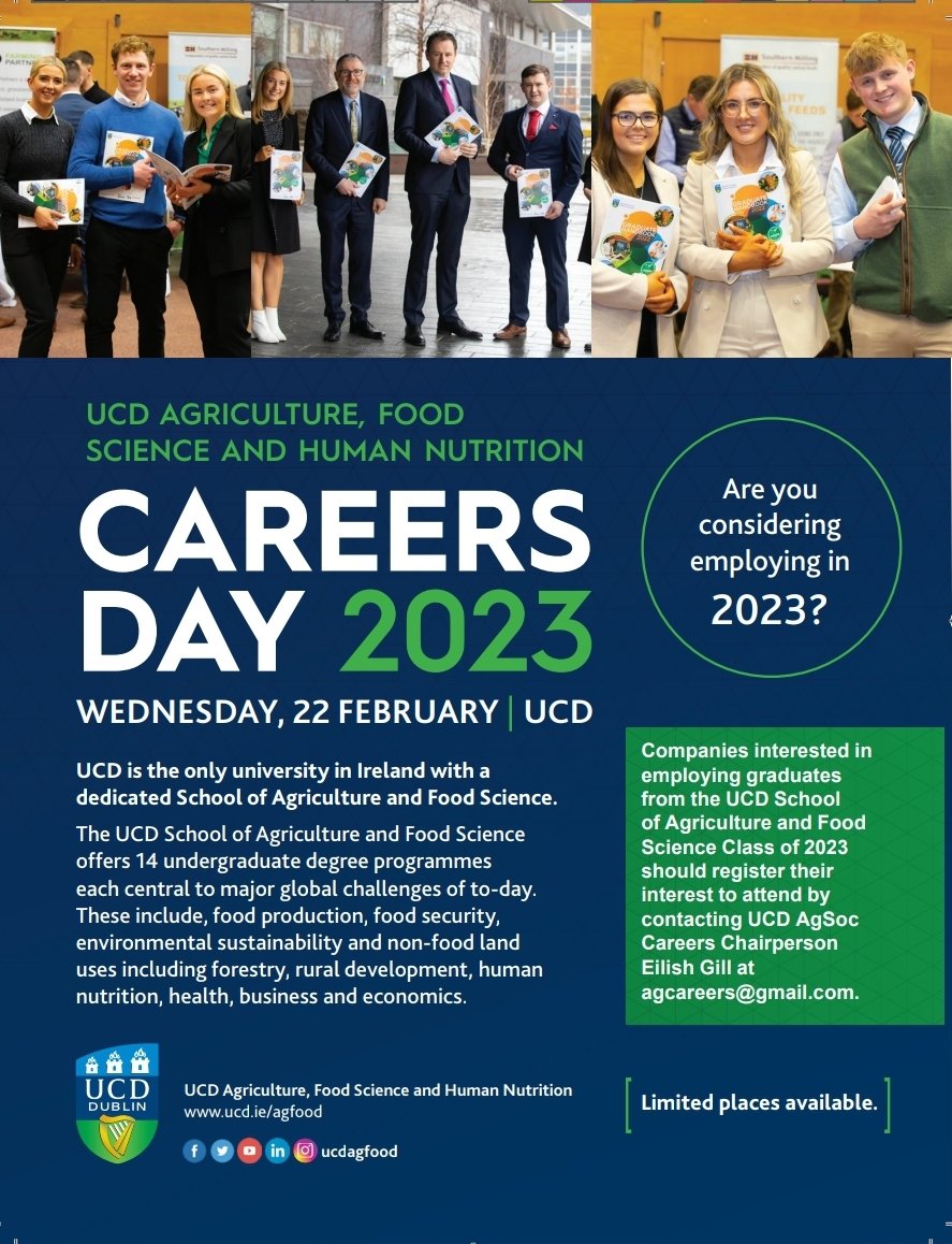 Eilishg24's tweet photo. @UCD_Ag_Soc is delighted to announce that our Careers Day will be held on the 22nd of February this year. A fantastic opportunity for companies to meet the final year students of @ucdagfood @ucddublin 
Any companies interested please contact me or email agcareers@gmail.com https://t.co/5C1QQ3AdHP