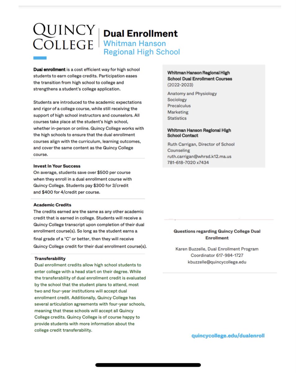 Through our long-standing dual enrollment agreement with Quincy College, WH students have the opportunity to earn college credit in some of their high school classes offered here at WHRHS!! More info in the letter/flyer. Reach out to Mrs. Carrigan with any questions <a href="/DrCSJones/">Christopher Jones</a>