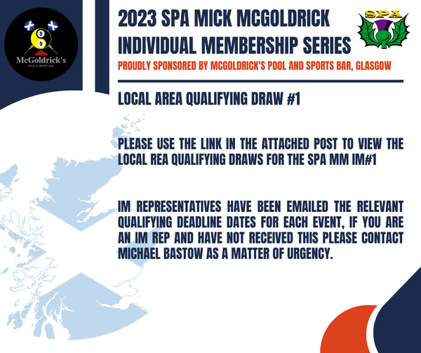 scottish8ball's tweet image. Scottish Pool Association
Individual Membership
Area Draw 1
Finals: 22nd and 23rd April 2023
Venue: The Players Lounge, Falkirk
#blackballpool #8ball #pool
#Scotland #SPA

Link: scotpool.scottishpool.com/Individual%20M…