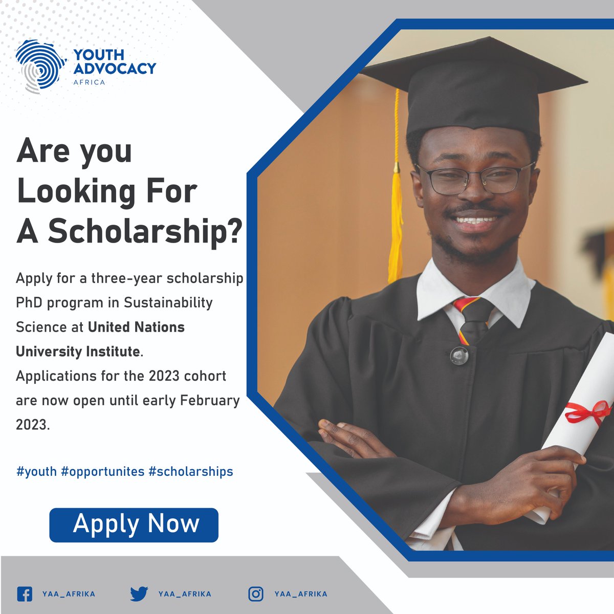 The UN University Institute for the Advanced Study of Sustainability offers a 3 yr PhD program in #Sustainability Science, #developingcountries students are eligible for a #scholarship offered by the Japan Foundation for UNU. Apply Here: ias.unu.edu/en/admissions/… #opportunities